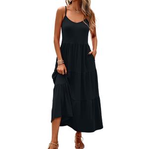 Halife Womens Flowy Tiered Maxi Dress Sleeveless Summer Sundresses Adjustable Straps Long Beach Sun Dresses with Pockets (Small, Black)
