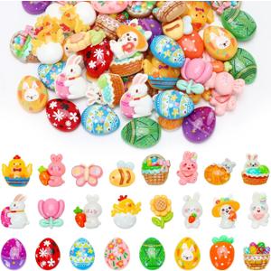 60 Pcs Mini Easter Resin Charms,Tiny Egg Bunny Flatback Charms Figurines 24 Unique Designs for Easter Basket Stuffers Spring Decor DIY Craft Making