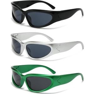SOAR&EAGLE Y2K 3Pack Polarized sunglasses Wrap Around Men's Women's sunglasses Fashion Sport Shades Sun Glasses (Silver framed gray flakes, Black framed gray flakes, Green frame gray sheet)