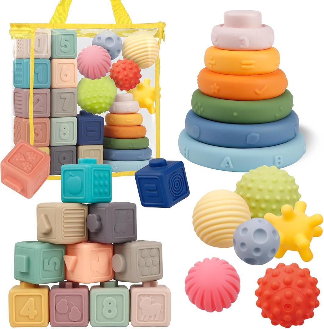Montessori Toys for Babies,Soft Stacking Building Blocks Rings Balls Sets,3 in 1 Baby Toy Bundle,Sensory Toy for Kids, Soft Teething Toys for Babies,Baby Gifts for Boy Girl