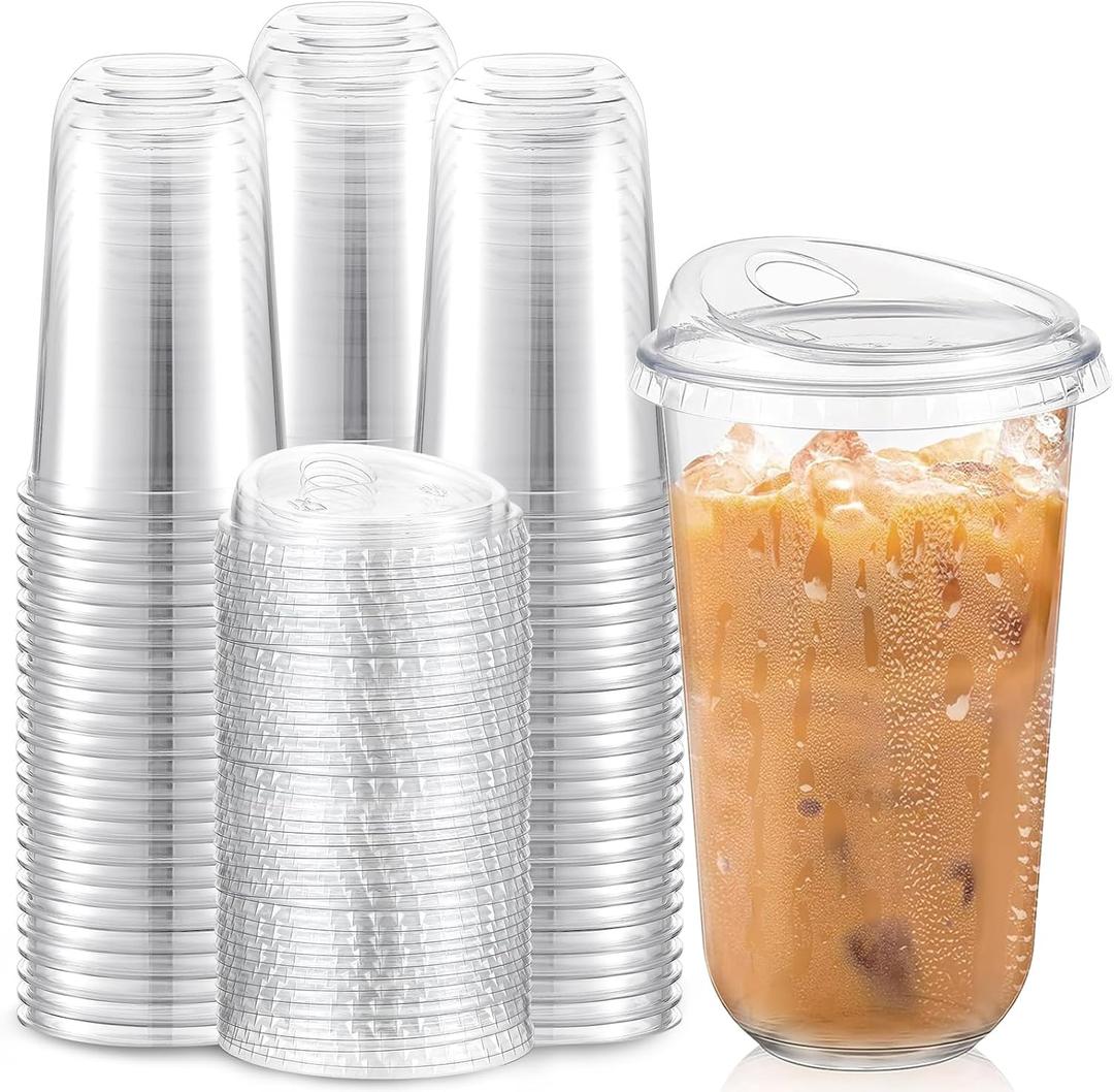 Baderke 100 Pcs Plastic Cups with Sip Lids Round Bottom Disposable Plastic Coffee Cups with Lids Clear Strawless Crystal Mugs for Iced Coffee Smoothie Cold Beverage Party Catering Supplies (18 oz)