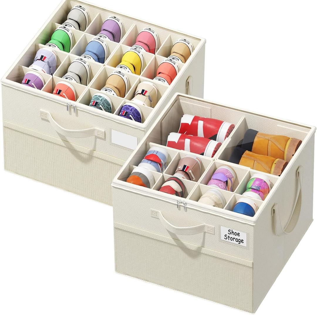 NestOrganix 2 Pack Shoe Organizer for Closet, Large Shoe Box Storage Containers, Foldable Shoe Storage Organizer Box Bin with Adjustable Dividers and Clear Cover, Space Saving Shoes Holder, Beige (17"L x 17"W x 12.99"H)