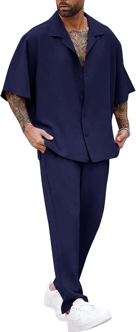 Men Summer Casual Short Sleeve Pant Sets Solid Button Down Shirt Elastic Pants 2 Piece Outfits Beach Tracksuit, Large 
