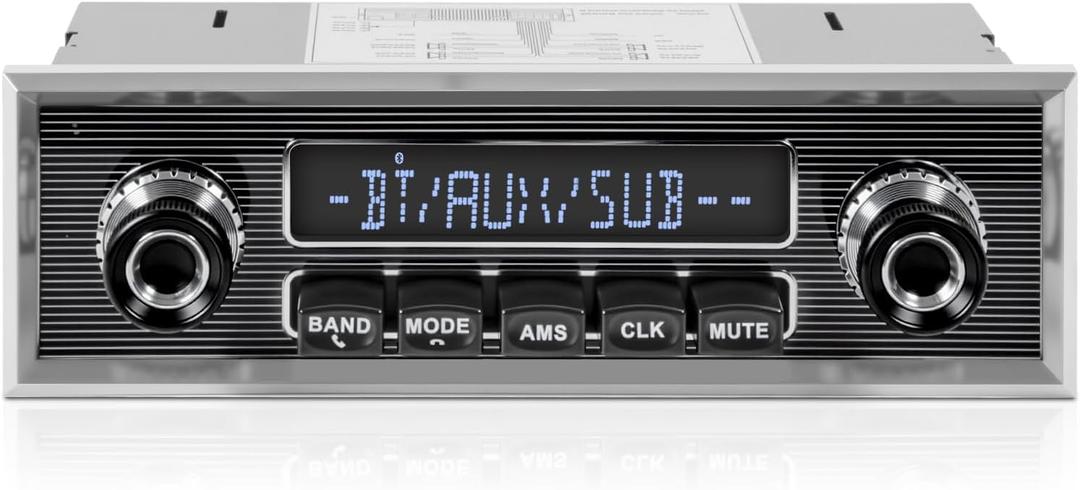 Retro Vintage Radio for Classic Vehicle - Single Din Bluetooth Car Stereo with AM FM USB AUX EQ Subwoofer RCA Output