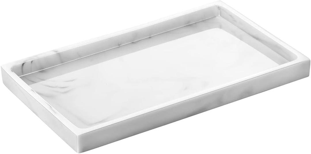 Bathroom Tray, Resin Countertop Vanity Tray Jewelry Storage Dresser Tray Kitchen Toilet Tank Tray Organizer for Candle Plant Perfume Shampoo Towel Home Decor, Medium, Marble White (10" x 6.1" x 0.8")