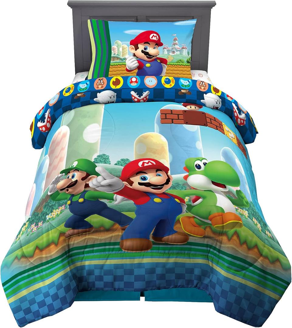Franco Kids Bedding Super Soft Comforter and Sheet Set, 4 Piece Twin Size, Mario