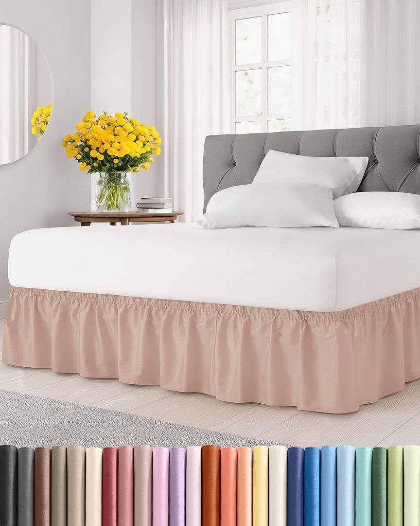Wrap Around Dust Ruffle Bed Skirt - Mauve - for Queen Size Beds w/ 12 Inch Drop - Easy Fit Elastic Strap - Adjustable Pleated Bedskirt w/Brushed Fabric - Wrinkle Free - for Women, Men, Kids & Teens