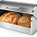 Oggi Stainless Steel Roll Top Bread Box for Kitchen Countertop with Tempered Glass Lid - Fits Multiple Large Loaves of Bread and Other Freshly Baked Goods Including Cookies, Bagels, Muffins, 15.25 x 8.25 x 8.25 inches