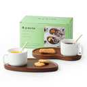 AYUCIA Tea Cups and Saucers Set of 2, 8OZ Cappuccino Cups with Acacia Serving Saucers and Spoons, White Cream Ceramic Coffee Mugs with 9.4inch Wooden Plates for Latte Dessert Breakfast