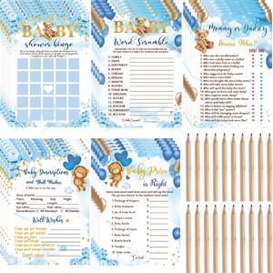 125 Pcs Bear Baby Shower Games for Girl or Boy Set 5 Games Bear Cards with 20 Pencils for 25 Guests Includes Predict Who Baby Price is Right Description Word Scramble Game Supplies(Blue)