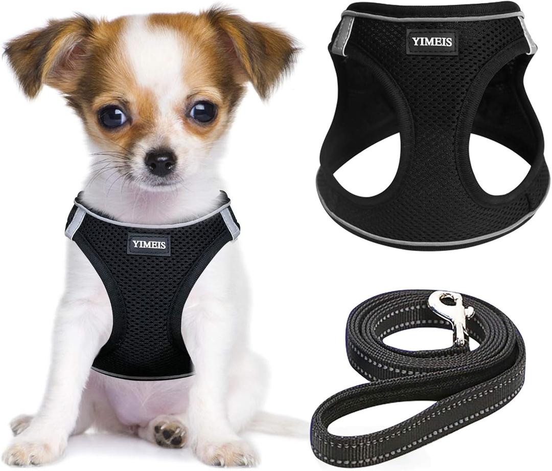 YIMEIS Dog Harness and Leash Set, No Pull Soft Mesh Pet Harness, Reflective Adjustable Puppy Vest for Small Dogs, Cats (S, Black) (Small (Pack of 1))