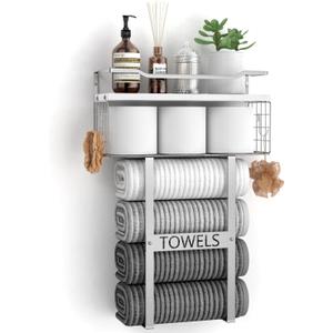 Towel Racks for Bathroom Wall Mounted - Bath Wall Towel Holder Set Above Toilet Storage, Rolled Towel Shelf Organizer for Small Bathroom, Wood Vertical Towel Rack for Bathroom Wall Decor Silver