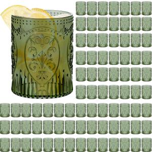 Qinyoung 100 Plastic Vintage Drinking Glasses 8.5oz Stemless Retro Embossed Wine Glasses Shatterproof Reusable Cups for Baby Shower Wedding Reception Grand Event Party (Dark Green)