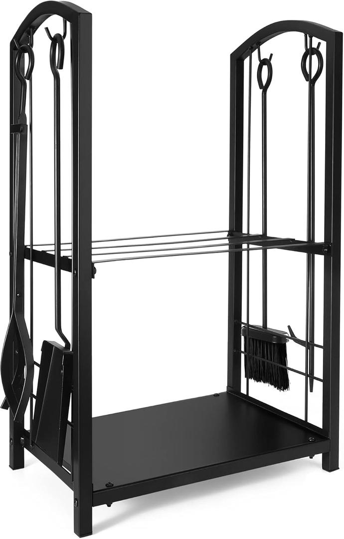 Delxo Fireplace Rack Indoor with 4 pcs Fireplace Tools Fire Pits Tools for Outdoor Log Holder Wood Stove Accessories Black Fireplace Log Rack Wrought Iron Logs Bin Holder for Fireplace Tool Set