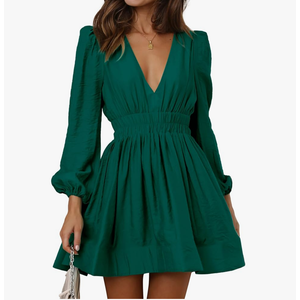 FAIABLE Mini Deep V Sexy Long Sleeve Dress for Women A-line High Waisted Casual Flowy Dress for Cocktail Wedding Guest, M