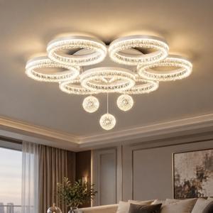 ziidoo Modern Crystal Rings Ceiling Light, White Globe Chandelier Dimmable Adjustable Lights Metal Acrylic Big Led Lighting Fixture for Kitchen Dining Room Bedroom Hallway Living Room, 7Light-W