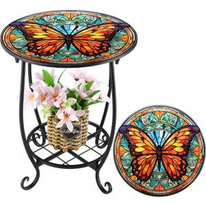 Outdoor Side Table Round Small Mosaic Patio Accent Indoor End Plant Metal Coffee Tea Table for Yard Porch Garden Patio Living Room, Bedroom(Butterfly B Style,14 Inch)