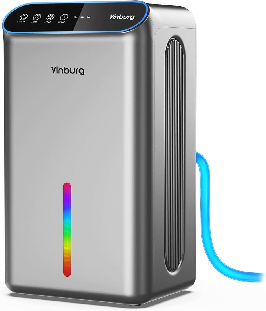 Dehumidifier for Home 1000 sq.ft - Small Quiet Dehumidifier with Auto Shut Off, Aromatherapy, 3 Gear Timer, Sleep Mode, 7-Color LED Light, Drain Hose for Bedroom, Bathroom, Basement, RV (Matte Silver)