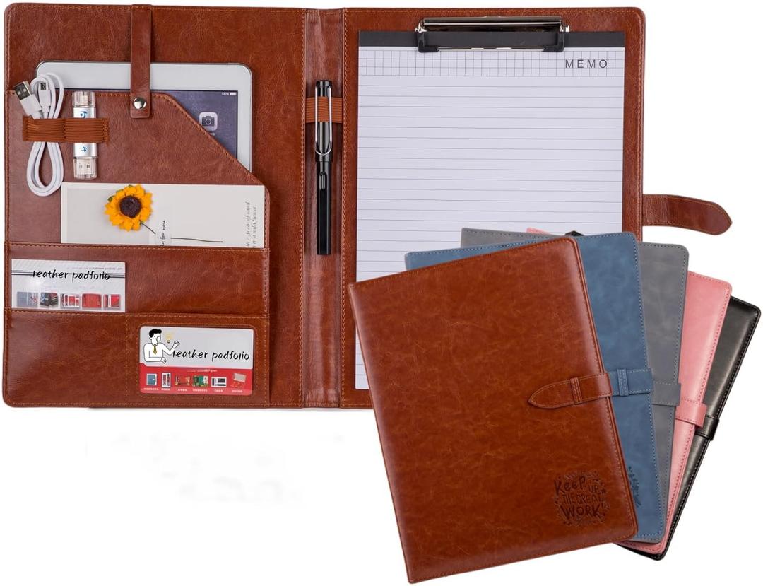 Padfolio Portfolio Leather Binder, Interview Legal Document Organizer, Padfolio Clipboard Folder, Business Card Holder Included 2pcs Letter Sized Writing Pad (Brown)