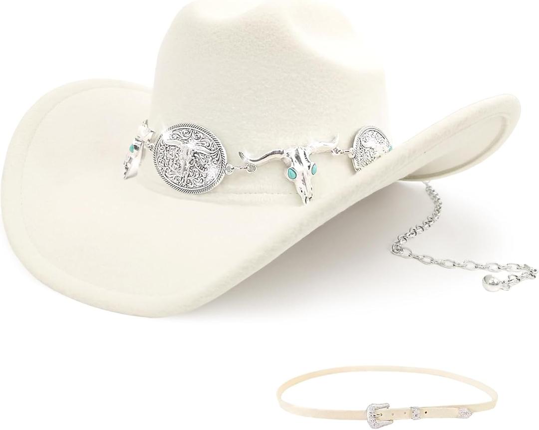 Classic Western Cowboy Hat for Men & Women, Felt Cowgirl Hat with Two Decorative Bands, Wide Brim All-Season Wear (White)