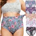 Women's Plus Size XL-5XL Underwear High Waist Briefs Panties Rose Floral Print Ladies Undies 5-Pack,4Xl