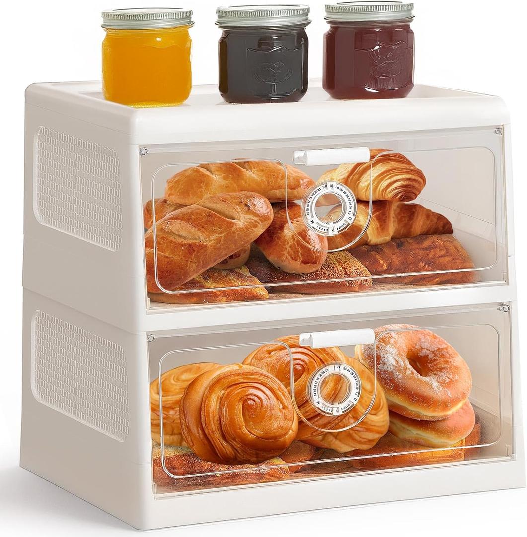 Extra Large Bread Box for Kitchen Countertop, Double Layer Bread Storage for Homemade Bread Container with Transparent Window Bread Boxes White
