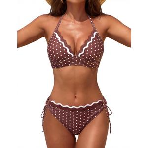 Blooming Jelly Women's Bikini Sets Polka Dot Two Piece Swimsuit Cheeky Scalloped Trim String Mid Rise Bathing Suit (Brown, M)