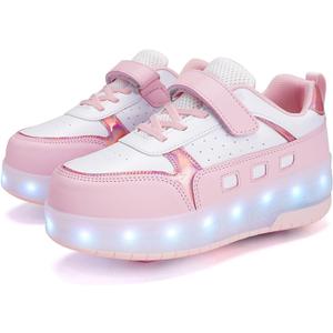 Roller Skate Shoes for Boys and Girls Kids LED Light Up Fashion Sneakers with Rechargeable and Detachable Wheels The Gift for Party Birthday Christmas Day (12 Little Kid, Pink1558)