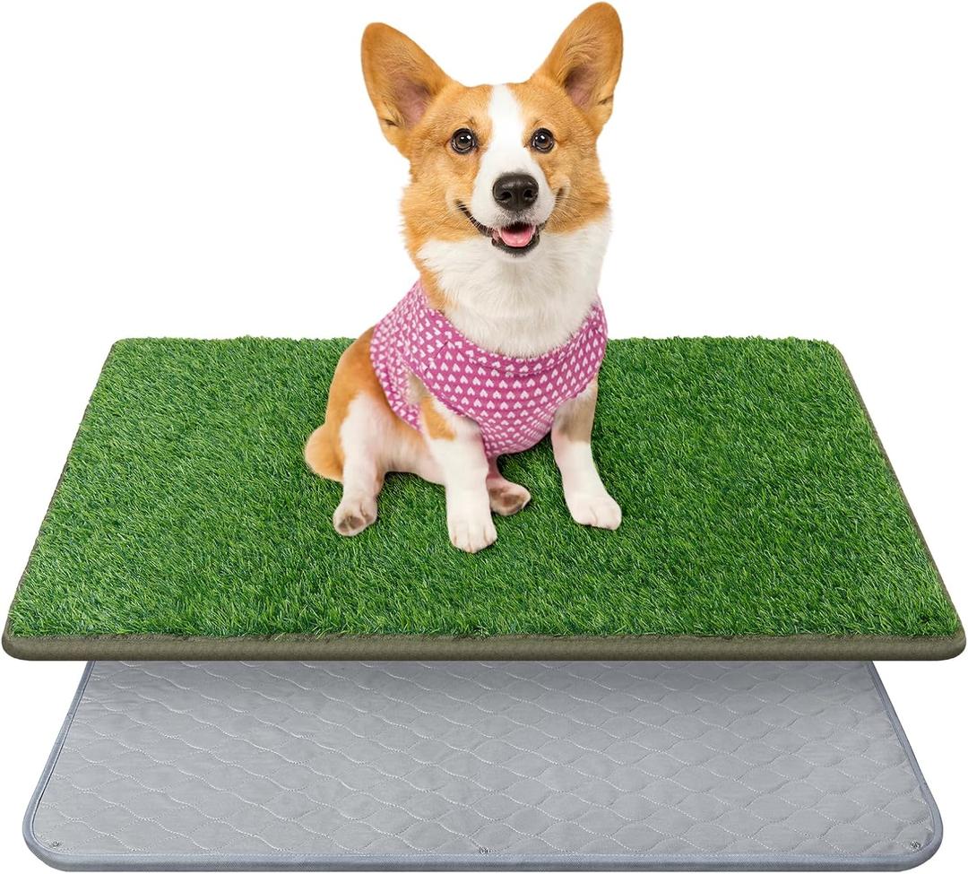 Dog Grass Mat with Pee Pad,Small Litter Box Indoor Artificial Grass Potty Training Pads for Dogs Tray Doggies Washable Reusable Puppy Pads Leakproof Pee on Outdoor Patio Balcony Apartment (18''x30'', Gray)