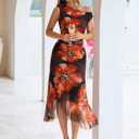 BerryGo Women Summer One Shoulder Maxi Dress Floral Ruched Mesh Bodycon Asymmetrical Date Night Formal Wedding Guest Dress (M)