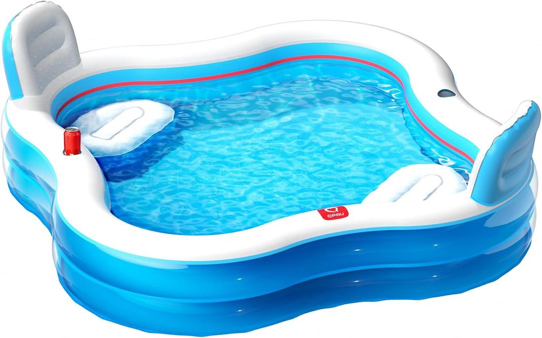QPAU Inflatable Swimming Pool with 2 Seats and Backrests, 80" L x 80" W x 27" D Large Full-Sized Family Pools for Kids and Adults for Backyard, Garden, Outdoors, Clear Blue