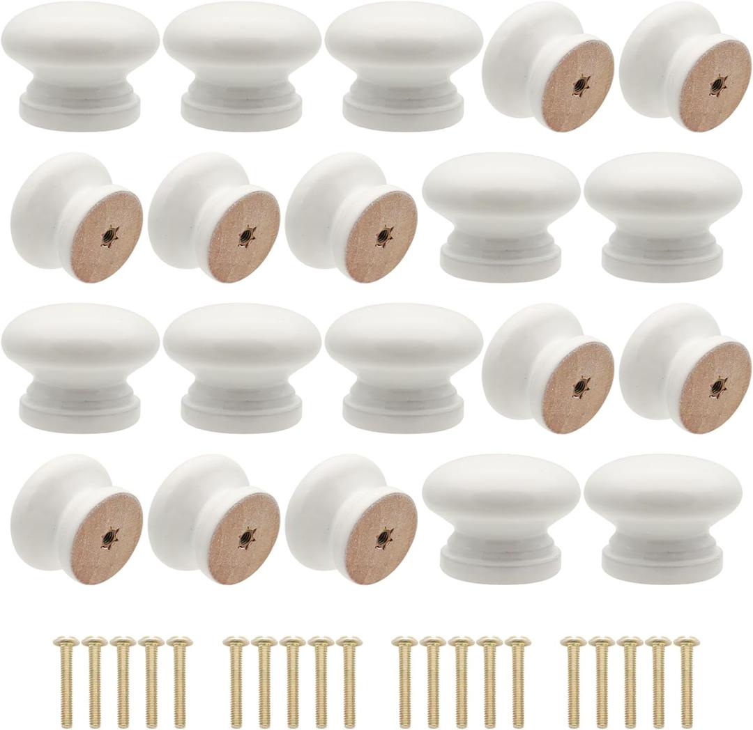 Wooden Cabinet Knobs 20Pcs, White Dresser Wood Knobs Mushroom Vintage Wooden Dresser Drawer Knob Pulls Handles with Screws (Dia.:1.3", Height:1")