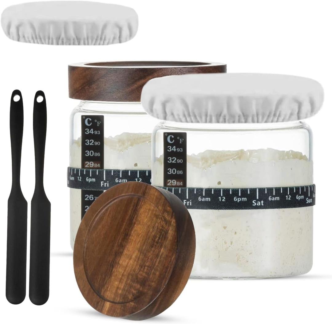 Sourdough Starter Jar Kit - Pack of 2, 35oz Wide Mouth Glass Jars for Sourdough Starter with Date Marked Feeding Scale, Thermometer, Cloth Cover, Scraper & Wooden Lid, Sourdough Jars