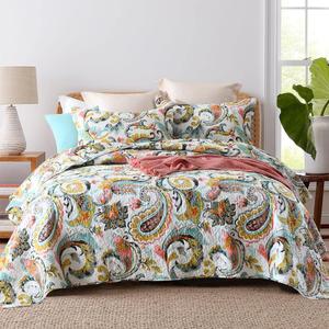 Autumn Dream Cotton Bedspread Quilt Sets, 3 Pieces Reversible Comforter Coverlet Sets,White Floral Paisley,King Size (King (96by108 inch))