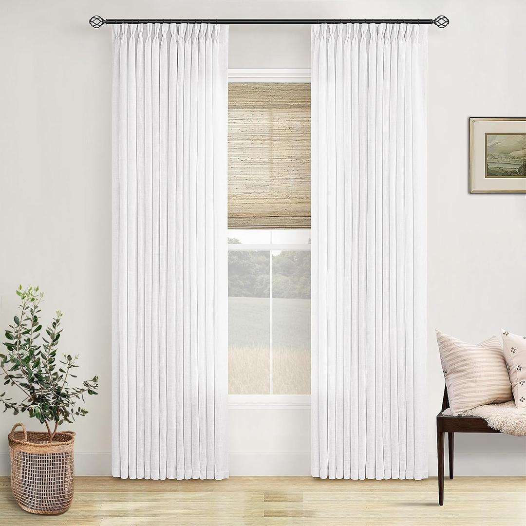White Linen Pinch Pleated Curtains 84 Inches Long 2 Panels for Living Room Bedroom Snow White Textured Linen Pleated Hooks Rings Back Tab Elegant Luxury Light Filtering Curtain Drapes 84 Inch Length