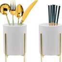 Kitchen Utensil Holder, Ceramic Utensil Holder with Metal Frame Chic & Modern Kitchen Cooking Utensil Holder, Robust Silverware Caddy 4.7 * 3.15 inch Gold 2 Piece Set