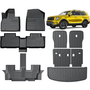KUST Floor Mats Set for 2020-2025 Kia Telluride Accessories (7 Seats), Rear Cargo Trunk Liner with 2nd/3rd Row Backrest Kick Mat All Weather Protection TPE Rubber Raised Edge, Full Set of 9pcs