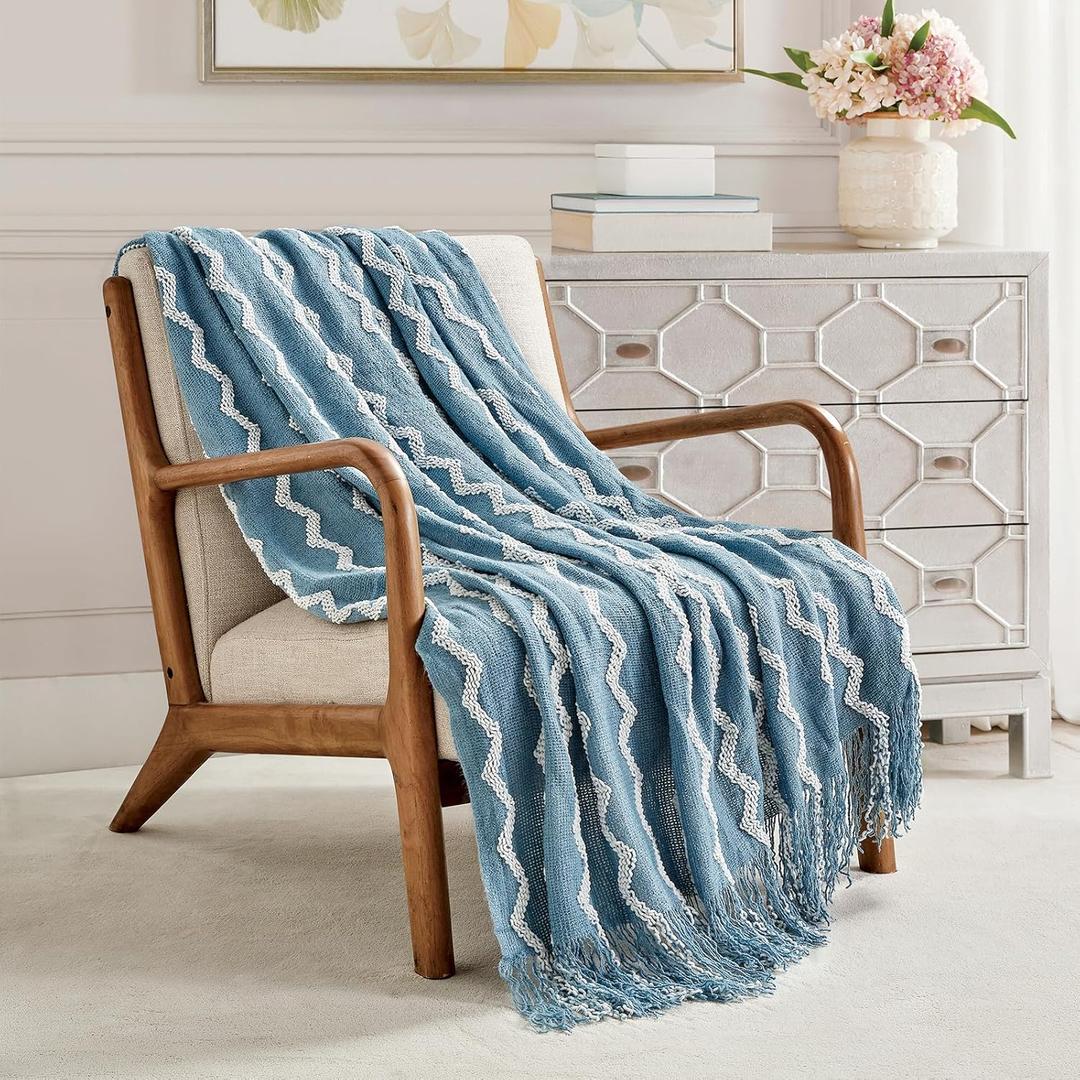 BOURINA Fluffy Chenille Knitted Fringe Throw Blanket Lightweight Soft Cozy for Bed Sofa Chair Throw Blankets, Blue 50" x 60"