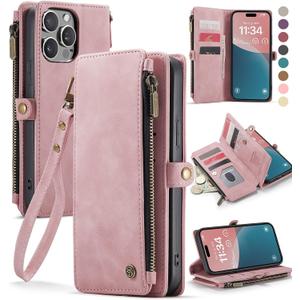 Defencase Compatible with iPhone 15 Pro Max Case Wallet with RFID Blocking Card Holder for Women Men, PU Leather Magnetic Snap Flip Zipper Strap Wallet Phone Case Fit for iPhone 15 Pro Max, Rose Pink