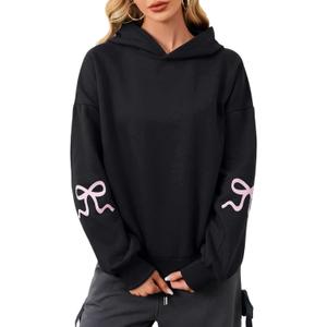 Womens Bow Graphic Hoodie Cute Bow Sweater Oversized Long Sleeve Fleece Sweatshirt Drop Shoulder Pullover Tops Black (Black, S)