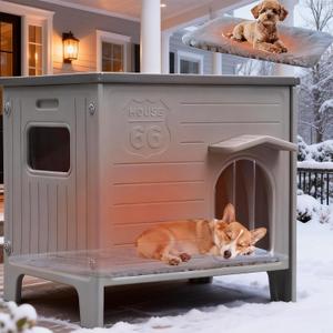 Plastic Insulated Dog House with Mat Weatherproof for Elevated Dog Shelter, Easy Assemble, Expansive Interior Grey 26.7" D * 26.7" W * 21.4" H