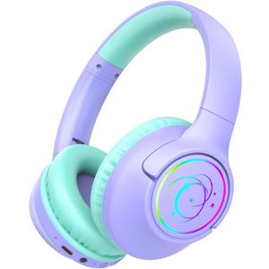 Kids Bluetooth Headphones, 85H Playtime Wireless Headphones for Kids, Colorful LED Lights, 85/94dB Safe Volume Limit, Bluetooth 5.4 Built-in Mic Toddler Headset for Tablet/Airplane (Purple)