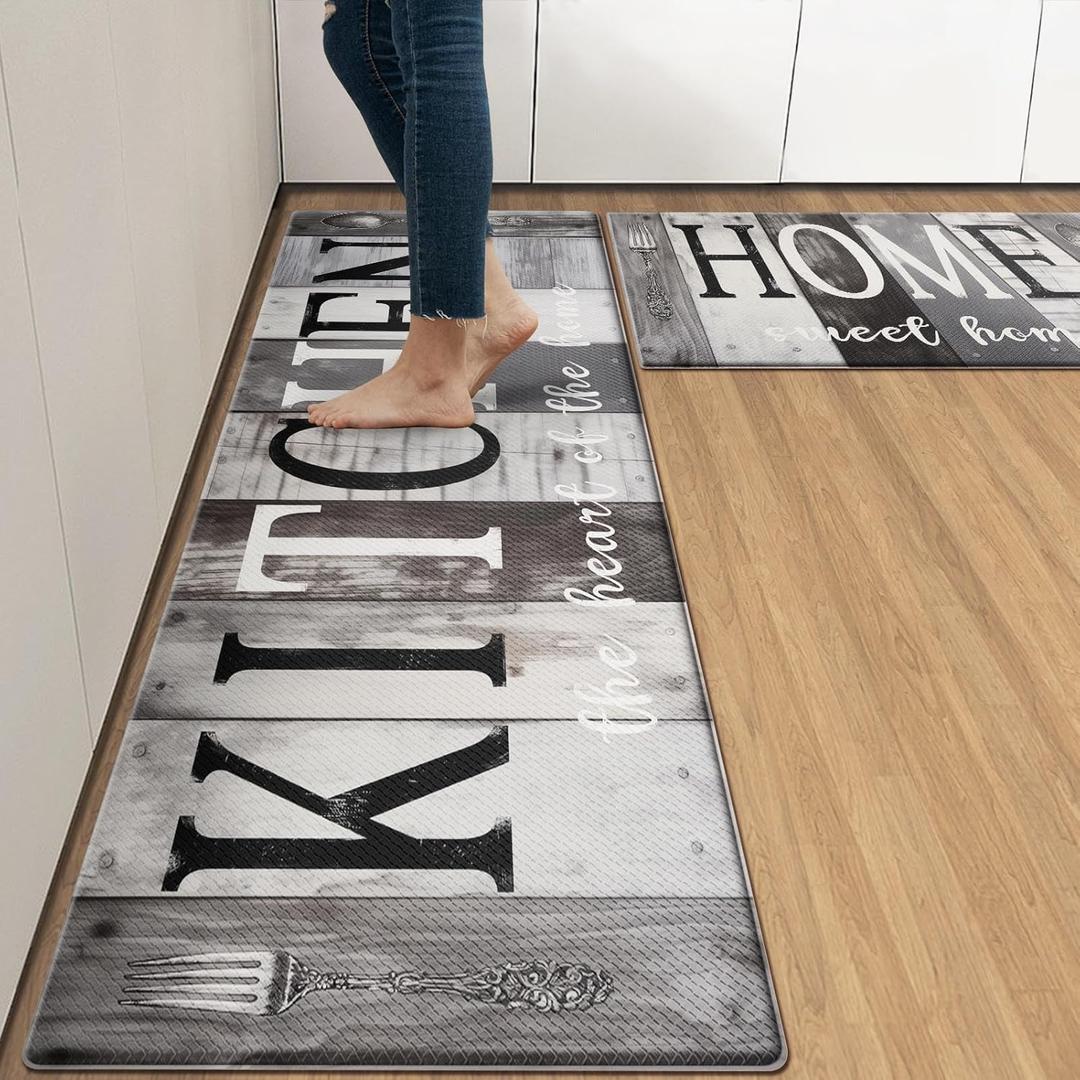 Arttown Farmhouse Anti-Fatigue Kitchen Rug Set of 2 Black Gray Wooden Cushioned Floor Standing Mat Waterproof Non-Slip Mat and PVC Ergonomic Comfort Foam Rug