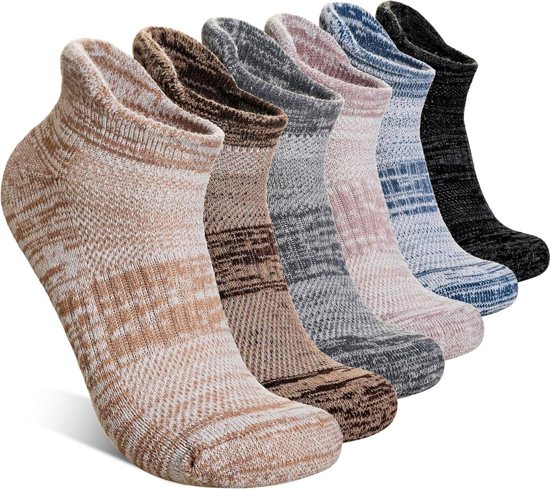 Merino Wool Ankle Socks Running Half Cushioned Men Women Hiking Thick No Show Socks 6 Pairs (Large, Black/Grey/Brown)