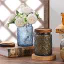 2 pack Decorative Mason Jars with Wooden Lids Colored Glass Kitchen Canister for Coffee Tea Cookie Airtight Vintage Food Storage Container with Embossed Floral Pattern (Blue Crabapple, Small)