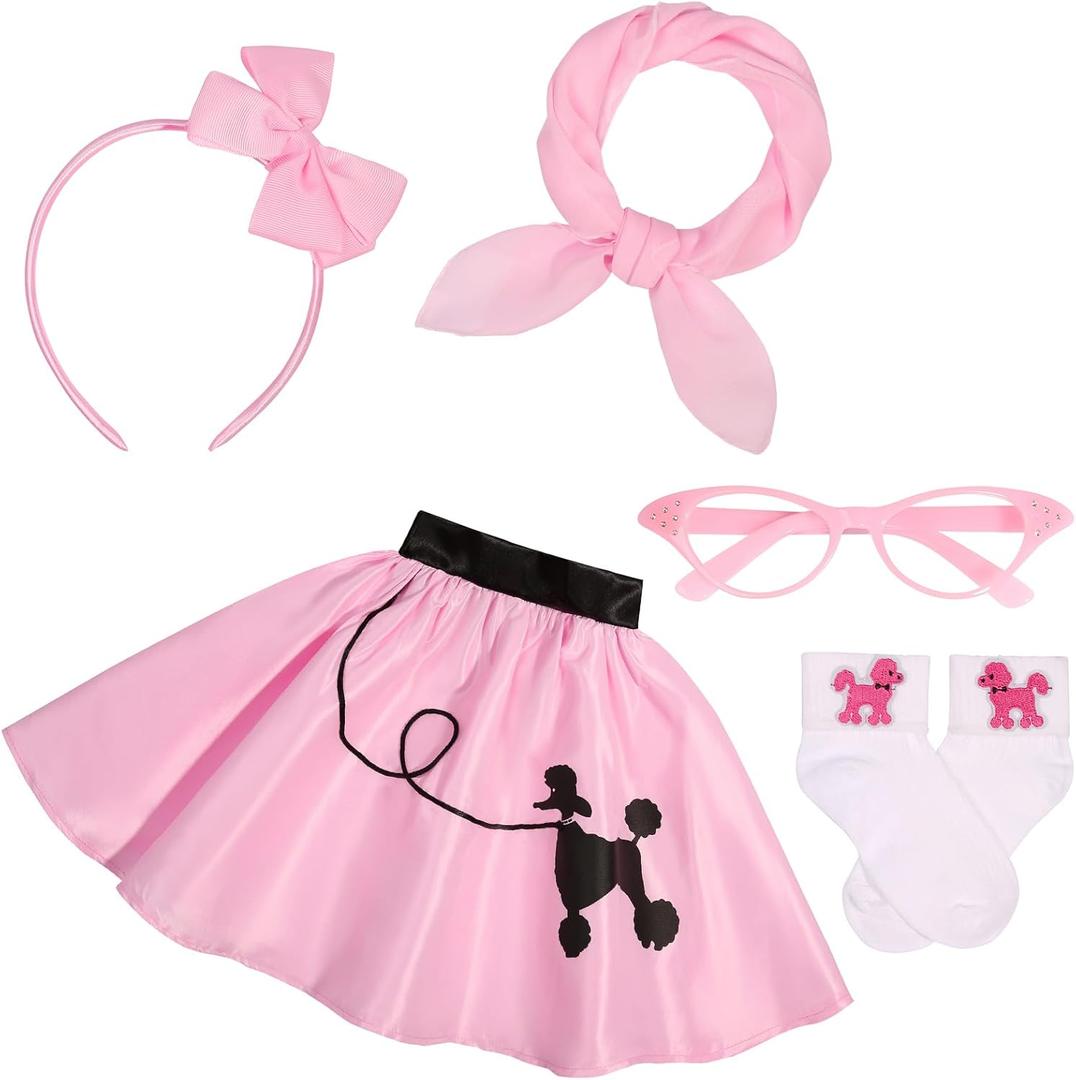 50s Outfit for Girls 50s Sock Hop Poodle Skirt Costume for Girls with Accessories Halloween Party Dress Up (4-6 Y, Pink)