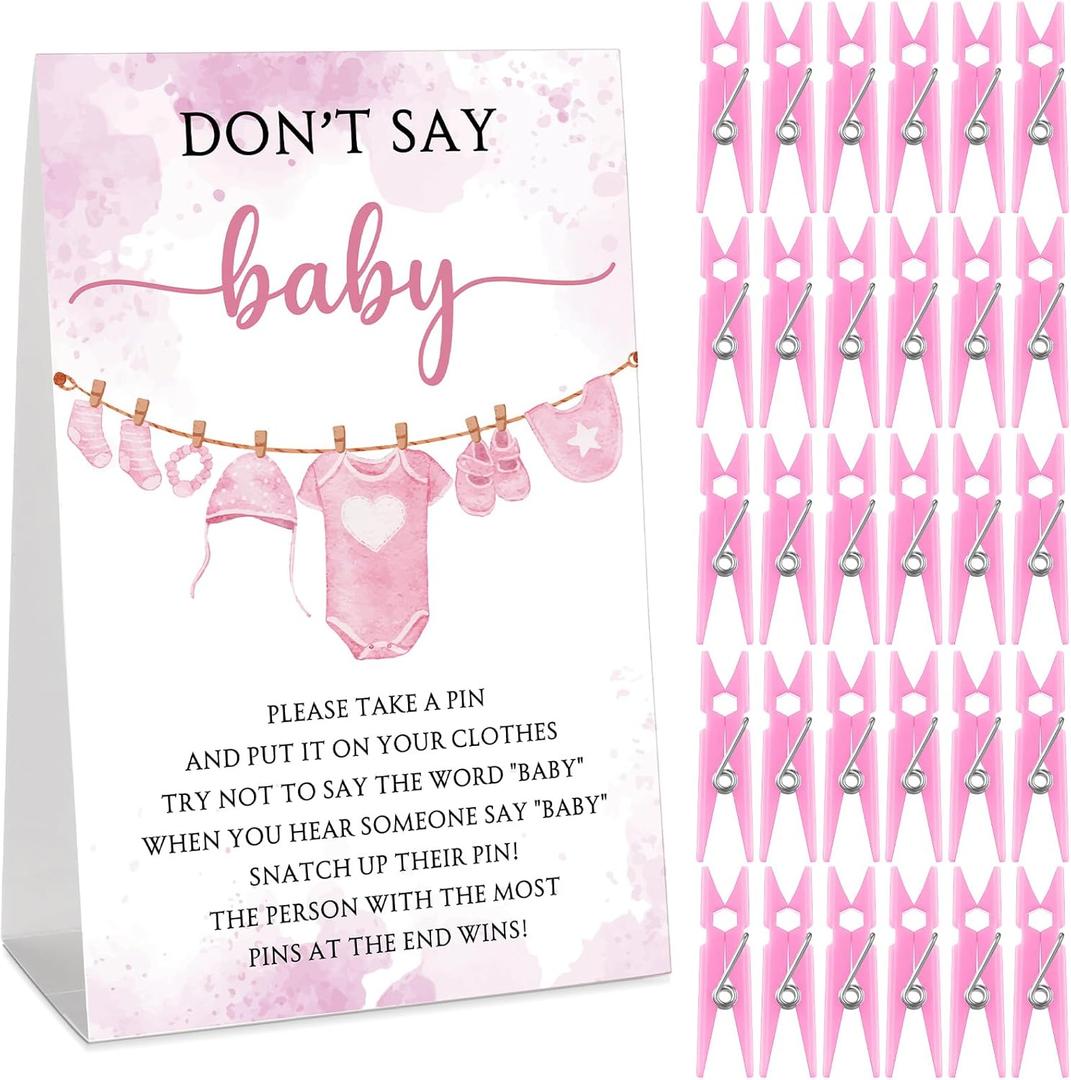 51 Pcs Baby Shower Games Supplies Cool Baby Shower Game Include Don't Say Baby Sign and 50 Baby Shower Clothespin Plastic Clothespins Baby Shower Party Supplies for Gender Reveal (Pink)