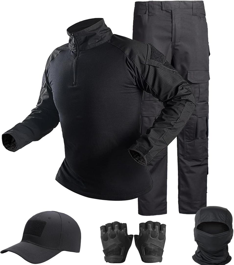 Tactical Suit,Combat Pants and Shirt,Cap Gloves Balaclava Set,Black Camo Uniform Men's Military Airsoft Gear