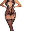 Womens Fishnet Bodystocking Crotchless Bodysuit Sexy Tights Soft Nightwear Naughty Lingerie One Size (Black)