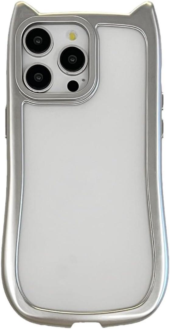 Cute Electroplated Silver Cat Ears Clear Phone Case Compatible with iPhone Case (Silver, for iPhone 15 Pro Max)